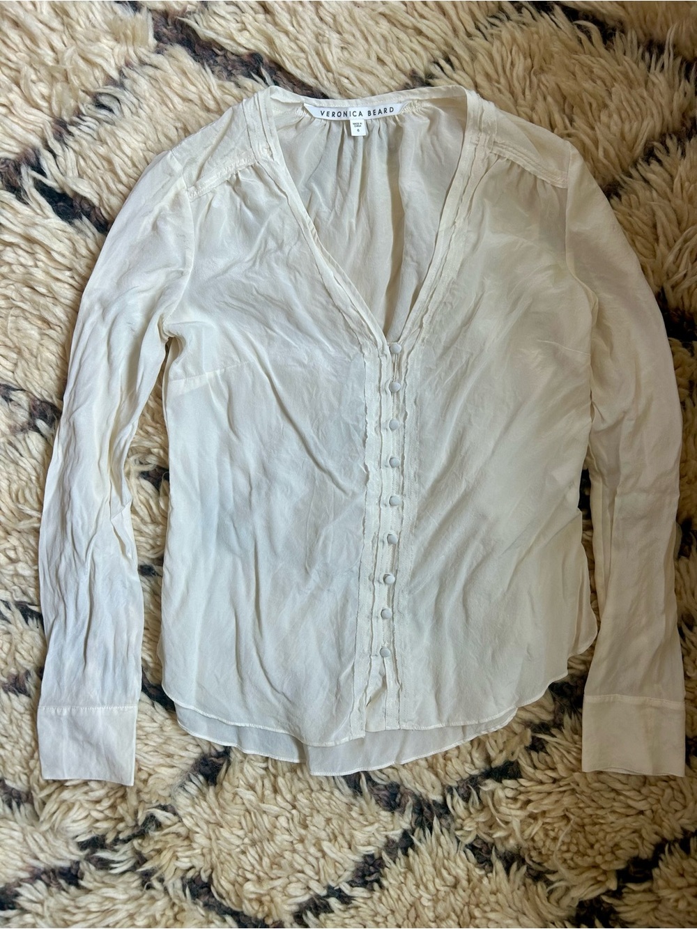 Veronica Beard 100% Silk Blouse, White V-Neck Button Front